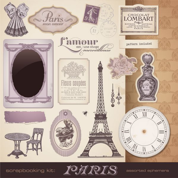 کیت اسکرپ بوک پاریس - عناصر طراحی وینتیج رمانتیک و زودگذر همچنین مناسب برای روز ولنتاین