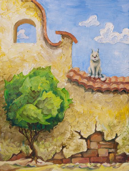 گربه روی دیوار زرد قدیمی نشسته و به درخت سبز کوچک نگاه می کند نقاشی رنگ روغن من 30 در 40 سانتی متر است
