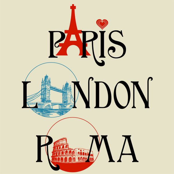 حروف پاریس لندن و روما نقاط دیدنی معروف برج ایفل پل لندن و کولوسئوم