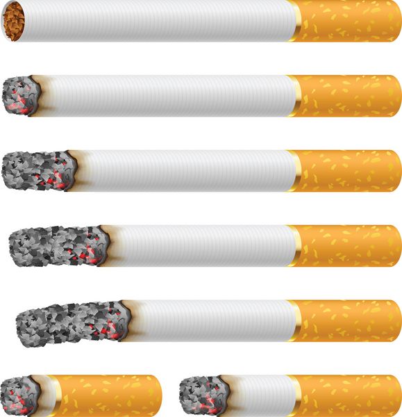 مجموعه ای از سیگار در مراحل مختلف سوختگی هر کدام روی سفید جدا شده اند