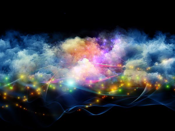 انتزاع هنری با موضوع هنر معنویت نقاشی موسیقی جلوه های بصری و فناوری های خلاقانه متشکل از ابرهای فوم فراکتال و نورهای انتزاعی