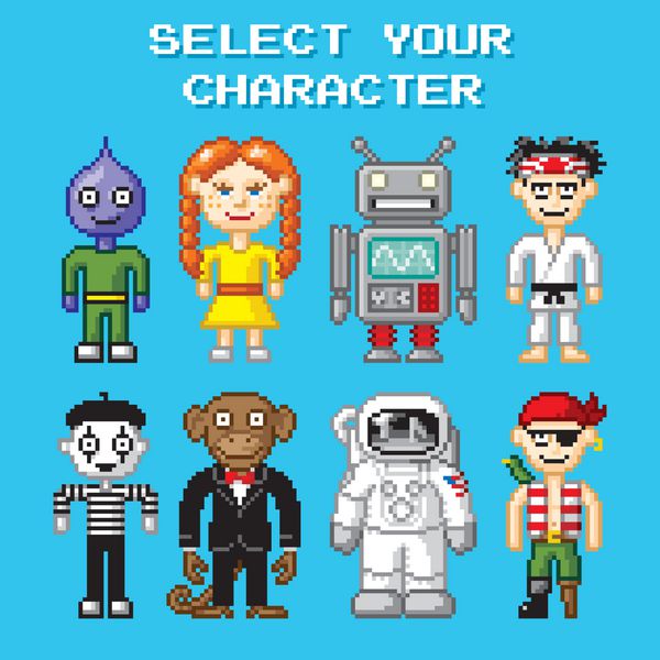 تصویر هنری پیکسل رترو از شخصیت های مختلف سبک بازی های ویدیویی