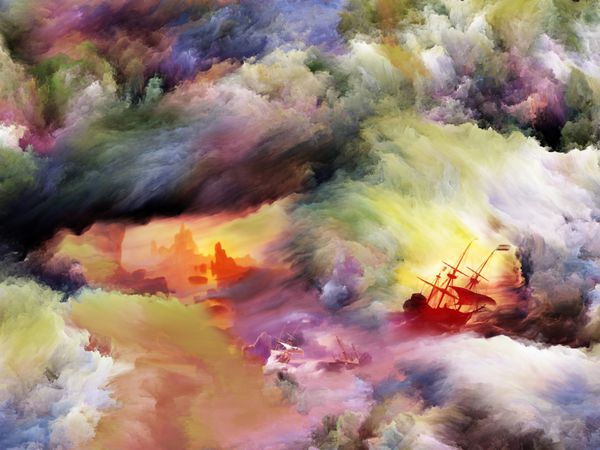 طراحی پس زمینه فرم های رویایی مناظر کشتی بادبانی و رنگ ها با موضوع رویا تخیل فانتزی و هنر انتزاعی