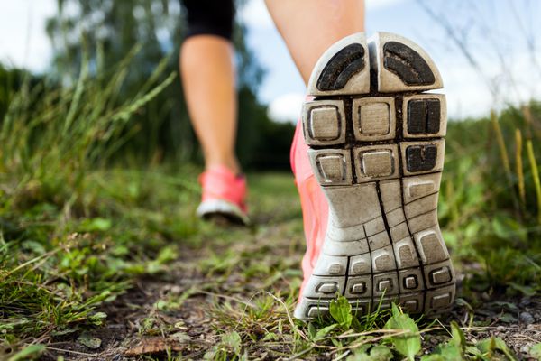 پیاده روی یا دویدن پاها در جنگل ماجراجویی و ورزش در طبیعت تابستانی
