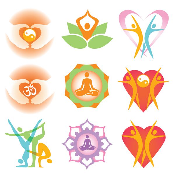 مجموعه ای از نمادها و نمادهای رنگارنگ یوگا و سلامتی وکتور