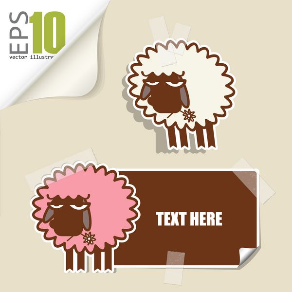 ست کارت پیام با گوسفند کارتونی و گوسفند کاغذی ثابت شده با چسب وکتور