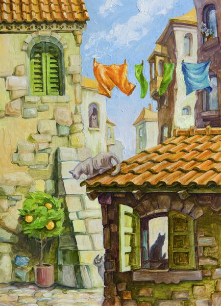گربه‌های مختلف در مکان‌های مختلف شهر قدیمی مدیترانه - خیابان‌های باریک بین ساختمان‌های سنگی قدیمی سقف کاشی‌کاری نارنجی فضای داخلی پشت دریچه‌های سبز
