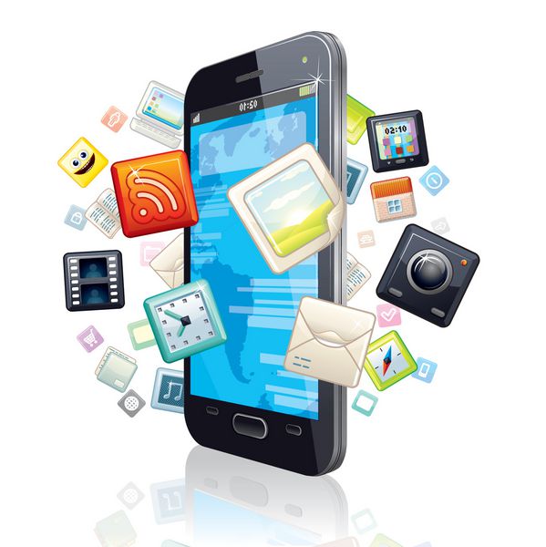 تلفن هوشمند با صفحه لمسی با نمادهای برنامه کاربردی Cloud of Media وکتور