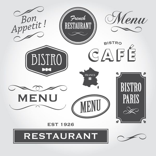 مجموعه ای از زیور آلات قدیمی فرانسوی نشان ها بنرها برچسب ها تابلوهای رستوران کافه بیسترو با نوع فونت فرانسوی