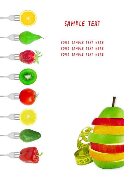 منوی غذایی با سبزیجات و میوه روی چنگال