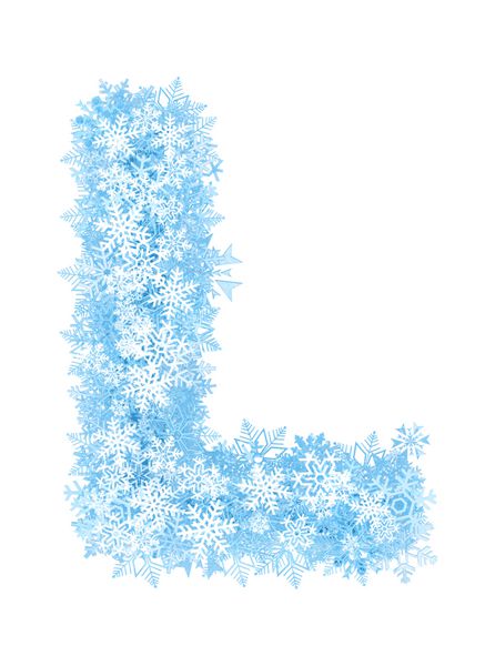 حرف L الفبای دانه های برف آبی یخ زده در پس زمینه سفید