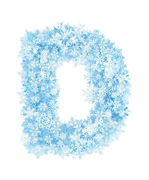 حرف D الفبای دانه های برف آبی یخ زده در پس زمینه سفید