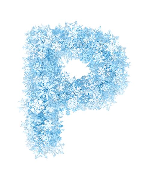 حرف P الفبای دانه های برف آبی یخ زده در پس زمینه سفید
