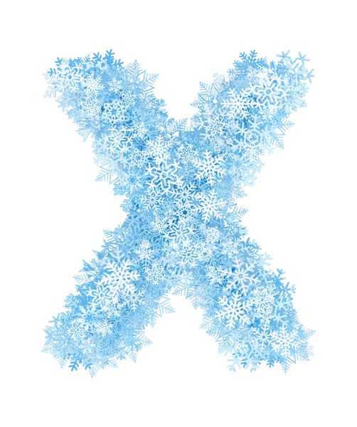 حرف X الفبای دانه های برف آبی یخ زده در پس زمینه سفید