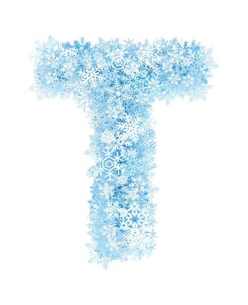 حرف T الفبای دانه های برف آبی یخ زده در پس زمینه سفید