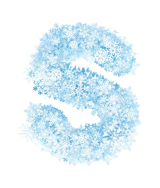 حرف S الفبای دانه های برف آبی یخ زده در پس زمینه سفید