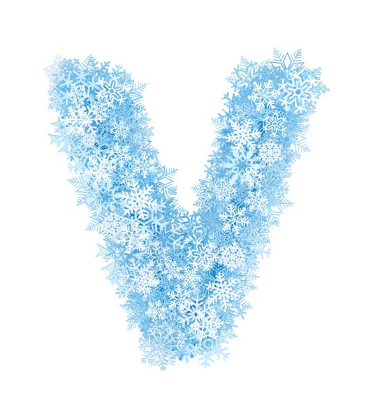حرف V الفبای دانه های برف آبی یخ زده در پس زمینه سفید