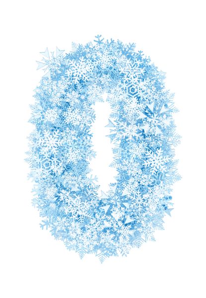 شماره 0 الفبای دانه های برف آبی یخ زده در پس زمینه سفید
