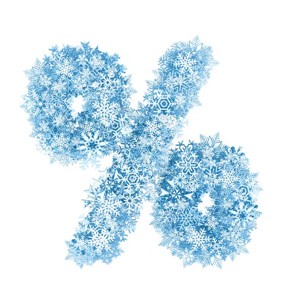 علامت درصد الفبای دانه های برف آبی یخ زده در پس زمینه سفید