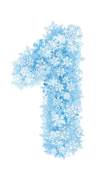 شماره 1 الفبای دانه های برف آبی یخ زده در پس زمینه سفید
