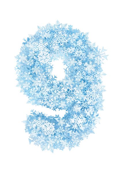 شماره 9 الفبای دانه های برف آبی یخ زده در پس زمینه سفید