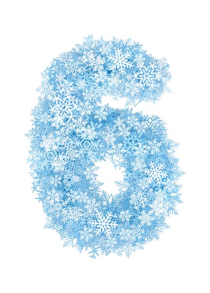 شماره 6 الفبای دانه های برف آبی یخ زده در پس زمینه سفید