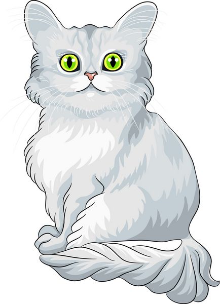 وکتور کارتونی آبی کرکی گربه آسیایی نیمه بلند تیفانی با چشمان سبز نشسته