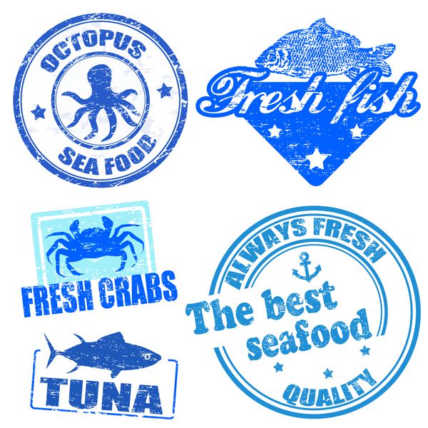مجموعه تمبرهای لاستیکی گرانج غذاهای دریایی روی سفید وکتور