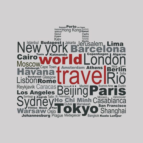 مفهوم سفر در جهان ساخته شده با کلماتی که یک چمدان را می کشند - رنگ ها با انتخاب همان رنگ پر تغییر می کنند
