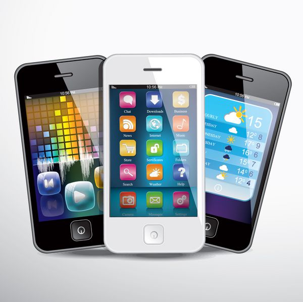 سه گوشی هوشمند با صفحه نمایش لمسی با برنامه های کاربردی روی صفحه نمایش وکتور