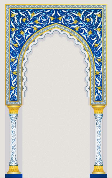 قوس هنر اسلامی با جزئیات بالا در رنگ آبی و طلایی کلاسیک