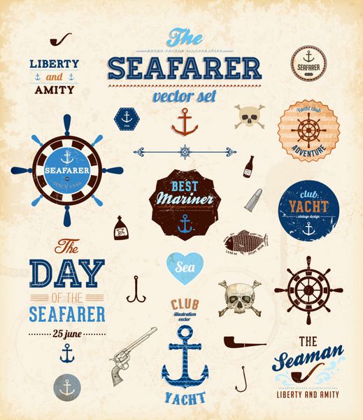وکتور مجموعه دریا عناصر طراحی رترو خوشنویسی و دکوراسیون صفحه مجموعه Seafarer with Shipbuilder Label لنگرها و جمجمه ها همه برای طراحی قدیمی