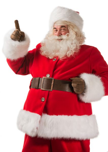 پرتره بابا نوئل خوشحال ایده ای دارد که روی پس زمینه سفید جدا شده است ژست ایده با نوک انگشت به بالا اشاره می کند