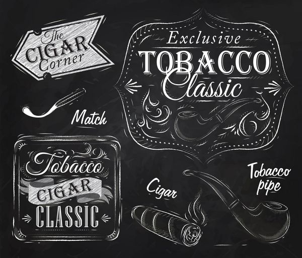 مجموعه مجموعه روی تنباکو و کشیدن یک پاکت سیگار سیگار برگ تنباکوی قدیمی پیپ نقاشی تلطیف شده با گچ روی تخته سیاه