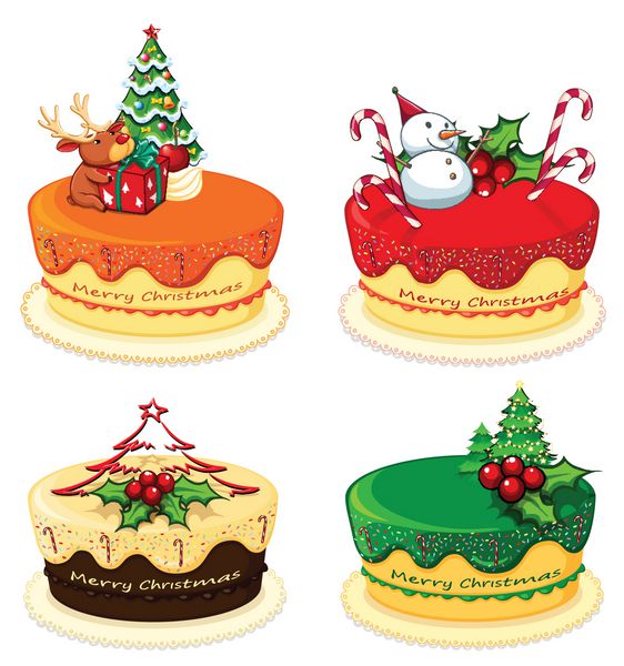 تصویری از چهار طرح کیک برای کریسمس در زمینه سفید