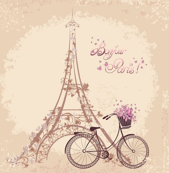 متن Bonjour Paris با برج ایفل و دوچرخه کارت پستال عاشقانه از پاریس وکتور