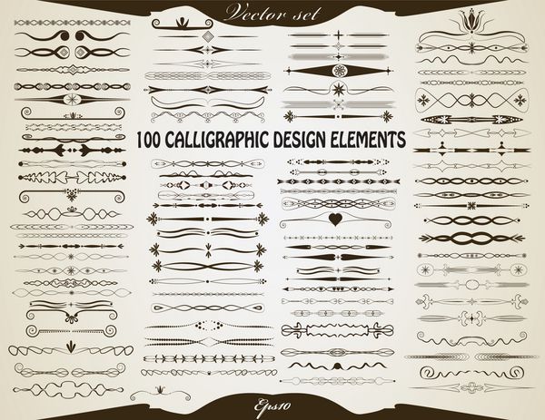 100 عنصر طراحی خوشنویسی سبک قدیمی مجموعه عناصر تزئینی سبک رترو انتزاعی تقسیم‌کننده‌های شکوفایی تزئینات برچسب‌ها و سایر عناصر قدیمی قابل ویرایش اشیاء به طور جداگانه گروه بندی می شوند