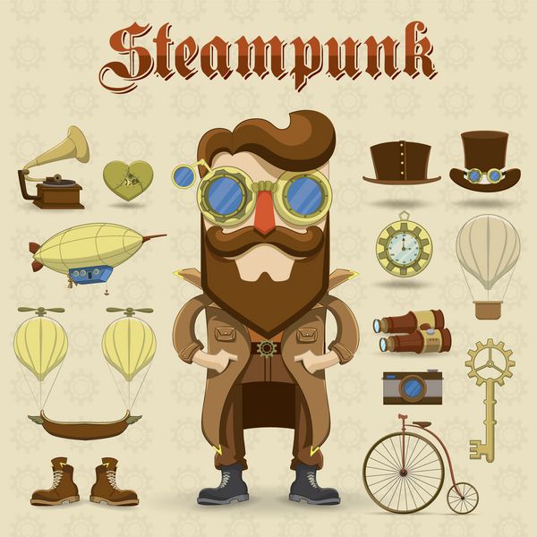 شخصیت و عناصر Steampunk آیکون های وکتور