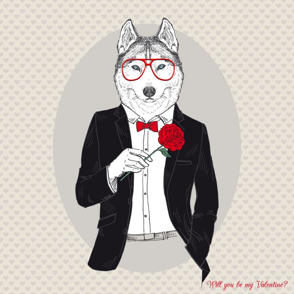 تصویر طراحی شده با دست از سگ هاسکی در لباس شام با رز قرمز طرح کارت تبریک ولنتاین