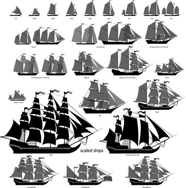 مجموعه کشتی های وکتور با عناصر قابل ویرایش جداگانه همه انواع کشتی های بادبانی