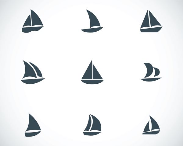 وکتور نمادهای قایق بادبانی مشکی بر روی پس زمینه سفید تنظیم شده است