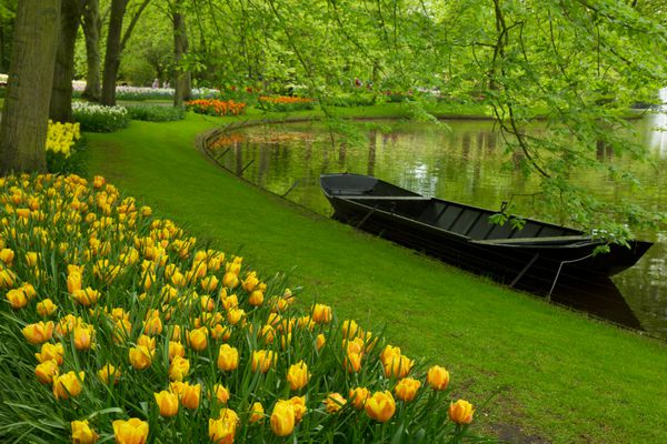 باغ بهاری با کانال و قایق Keukenhof هلند