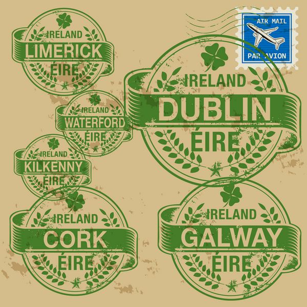 مجموعه تمبر لاستیکی گرانج با نام شهرهای ایرلند وکتور