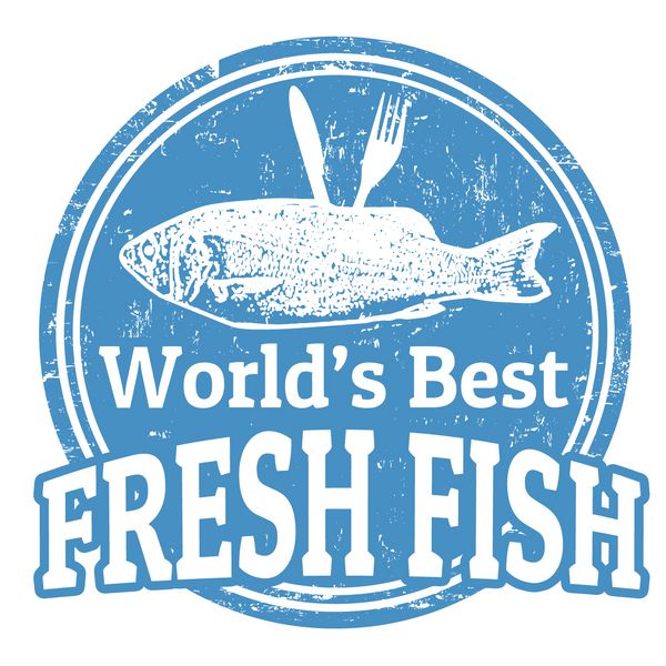 تمبر لاستیکی گرانج با شکل ماهی و داخل آن کلمه Fresh fish نوشته شده است وکتور