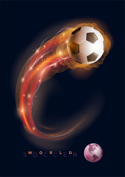 توپ فوتبال در شعله های آتش و چراغ ها در برابر پس زمینه سیاه وکتور