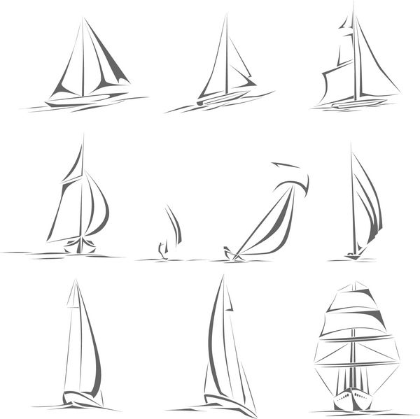 مجموعه ای از نمادهای مختلف کشتی های بادبانی قایق به سبک خط وکتور ساده
