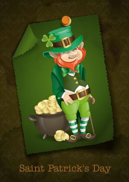 طراحی کارت تبریک قالب روز سنت پاتریک Leprechaun با گلدان طلا وکتور