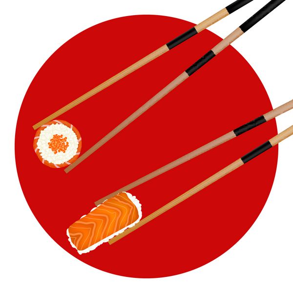 سوشی رول خاویار قرمز و میگو در چاپستیک های جدا شده روی پرچم ژاپن