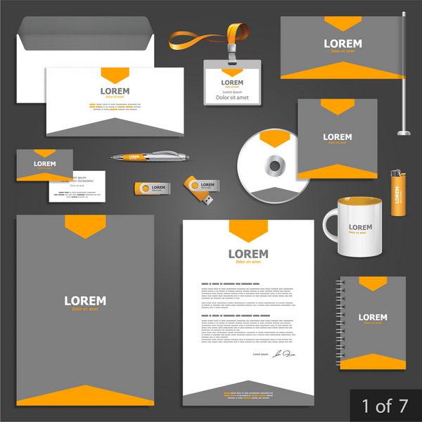 طرح قالب لوازم التحریر خاکستری با فلش نارنجی اسناد برای تجارت