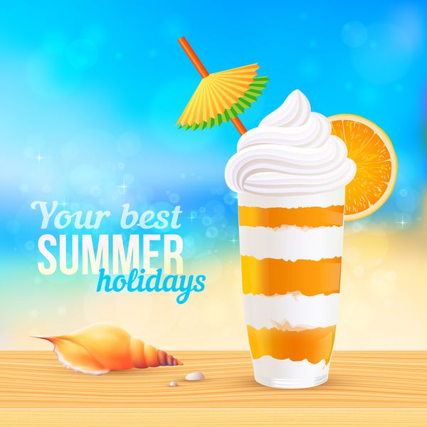 کوکتل خامه ای تابستانی با تکه پرتقال و چتر کاغذی در ساحل آفتابی وکتور
